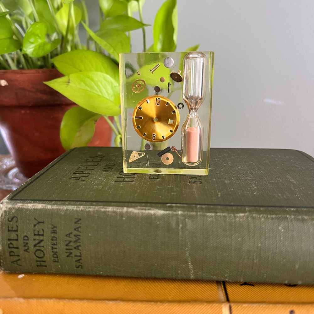 Vintage Lucite Modernist Suspended Time Hourglass Clock Parts  Pink Sand Sitter